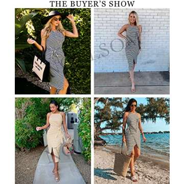 NOLLSOM Women Casual Sleeveless Striped Tank Midi Dresses Halter Neck Ruched Bodycon DressesTie Waist T Shirt Summer Dress (Medium, Striped Light Blue)