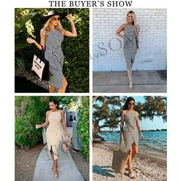 NOLLSOM Women Casual Sleeveless Striped Tank Midi Dresses Halter Neck Ruched Bodycon DressesTie Waist T Shirt Summer Dress (Medium, Striped Light Blue)