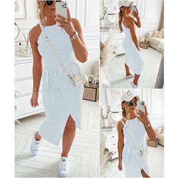 NOLLSOM Women Casual Sleeveless Striped Tank Midi Dresses Halter Neck Ruched Bodycon DressesTie Waist T Shirt Summer Dress (Medium, Striped Light Blue)