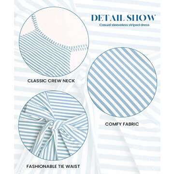 NOLLSOM Women Casual Sleeveless Striped Tank Midi Dresses Halter Neck Ruched Bodycon DressesTie Waist T Shirt Summer Dress (Medium, Striped Light Blue)