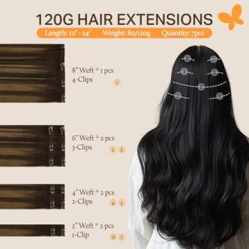 DOORES Human Hair Clip in Extensions Balayage Dark Brown to Chestnut Brown 20 Inch Clip in Hair Exte...