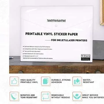 JANDJPACKAGING Printable Vinyl Sticker Paper - Waterproof Printable Vinyl for Laser & Inkjet Printer 15 Self-Adhesive Sheets - Glossy White - Standard Letter Size 8.5"x11"