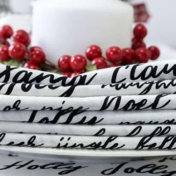 Christmas Table Napkins with Jingle Bells, Mistletoe, FA La La (Off-White, 20x20 inch, Pack of 6 Cloth Napkins)