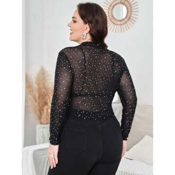 WDIRARA Women's Plus Size Sheer Mesh See Through Mock Neck Rhinestone Crop Top Black 3XL