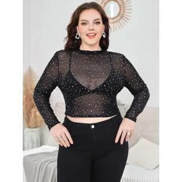 WDIRARA Plus Size Mock Neck Rhinestone Crop Top Black