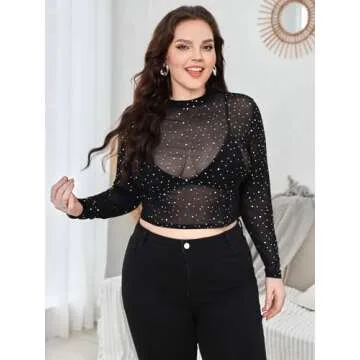 WDIRARA Plus Size Mock Neck Rhinestone Crop Top Black