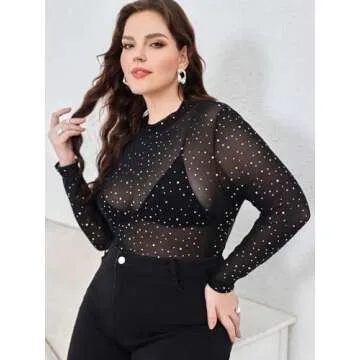 WDIRARA Plus Size Mock Neck Rhinestone Crop Top Black