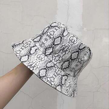 Joylife Snakeskin Print Bucket Hat Trendy PU Fisherman Hats Unisex Reversible Packable Cap