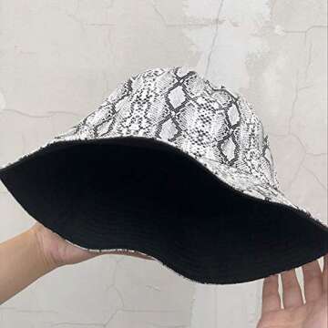 Joylife Snakeskin Print Bucket Hat Trendy PU Fisherman Hats Unisex Reversible Packable Cap