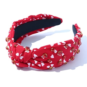 FEDANS Valentine's Day Women Knotted Jeweled Headband Heart Shaped Red Crystal Embellished Mixed Top Hairband ladies Twist Nylon Pearl Hair accessories for Girls