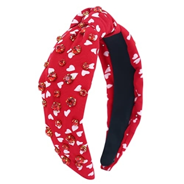 FEDANS Valentine's Day Women Knotted Jeweled Headband Heart Shaped Red Crystal Embellished Mixed Top Hairband ladies Twist Nylon Pearl Hair accessories for Girls