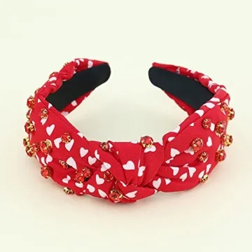 FEDANS Valentine's Day Women Knotted Jeweled Headband Heart Shaped Red Crystal Embellished Mixed Top Hairband ladies Twist Nylon Pearl Hair accessories for Girls