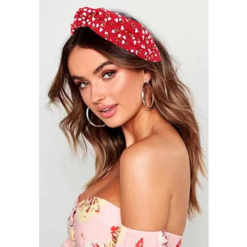 FEDANS Valentine's Day Women Knotted Jeweled Headband Heart Shaped Red Crystal Embellished Mixed Top Hairband ladies Twist Nylon Pearl Hair accessories for Girls