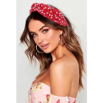 FEDANS Valentine's Day Women Knotted Jeweled Headband Heart Shaped Red Crystal Embellished Mixed Top Hairband ladies Twist Nylon Pearl Hair accessories for Girls