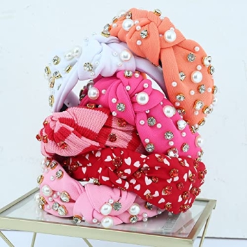 FEDANS Valentine's Day Women Knotted Jeweled Headband Heart Shaped Red Crystal Embellished Mixed Top Hairband ladies Twist Nylon Pearl Hair accessories for Girls