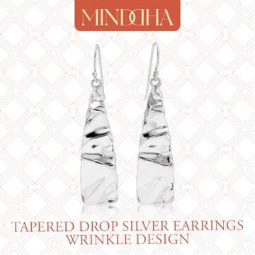 MINDDHA 925 Sterling Silver Earrings - Tapered Drop Silver Earrings Wrinkle Design - Handcrafted Ear...