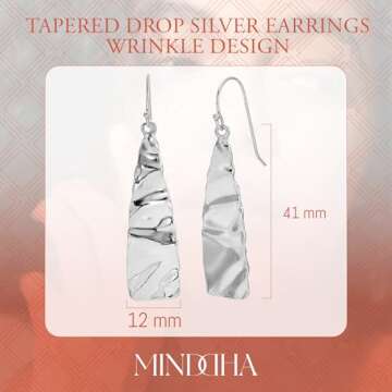 MINDDHA 925 Sterling Silver Earrings - Tapered Drop Silver Earrings Wrinkle Design - Handcrafted Earrings From Israeli Artisans - Minimalist Silver Drop Earrings, Drop length 1.6 Inch,