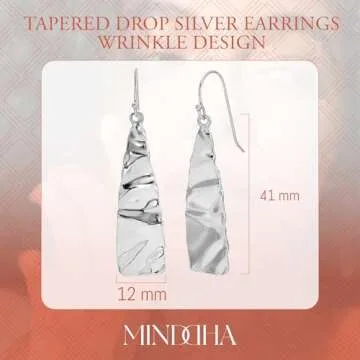 MINDDHA 925 Sterling Silver Earrings - Tapered Drop Silver Earrings Wrinkle Design - Handcrafted Earrings From Israeli Artisans - Minimalist Silver Drop Earrings, Drop length 1.6 Inch,