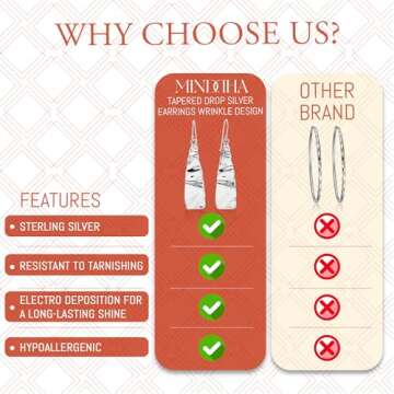 MINDDHA 925 Sterling Silver Earrings - Tapered Drop Silver Earrings Wrinkle Design - Handcrafted Earrings From Israeli Artisans - Minimalist Silver Drop Earrings, Drop length 1.6 Inch,