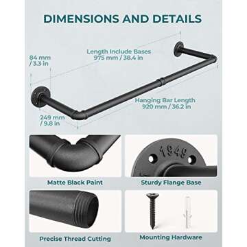 OROPY Industrial Pipe Clothes Rack Wall Mounted Set of 2, 38.4 inches Heavy Duty Iron Pipe Clothing Garment Rail, Multi-Purpose Clothing Hanging Rod for Laundry Room and Closet Storage