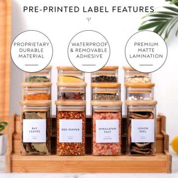 208 Minimalist Spice Label Set, Black Text on White Matte Vinyl Waterproof Label Sticker - Fits on Round, Square and Rectangle Glass Jars - Organize Kitchen and Pantry