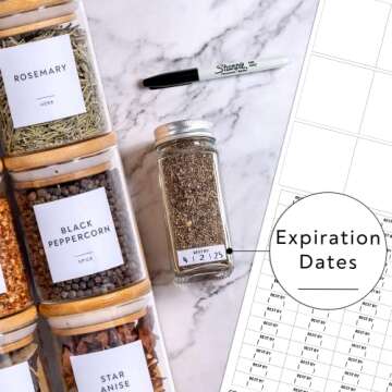 208 Minimalist Spice Label Set, Black Text on White Matte Vinyl Waterproof Label Sticker - Fits on Round, Square and Rectangle Glass Jars - Organize Kitchen and Pantry