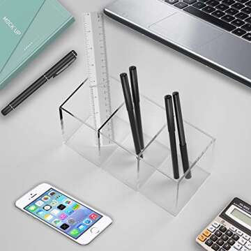 Dingelex Acrylic Pen Holder 3 Compartments,Clear Pencil Cup Organizer for Countertop Desk Accesorry Storage,Large Acrylic Marker Pencil Holder