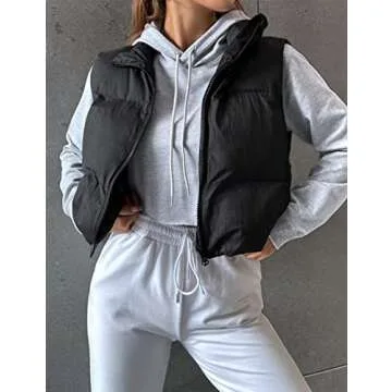 Zhiyouni Women's Lightweight Cropped Puffer Vest - Black