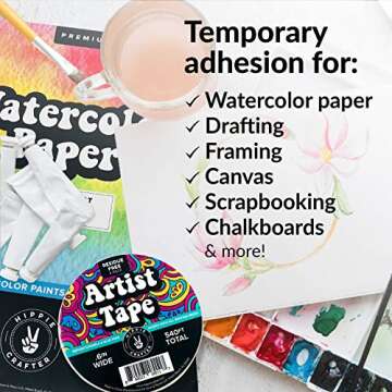 HIPPIE CRAFTER 3pk White Artist Tape for Watercolor Paper, Painters, Artists, Painting, Removable Masking, Drafting, Canvas Framing, Paint Mask, Thin, Residue-Free, Low Tack Acid, 0.6in