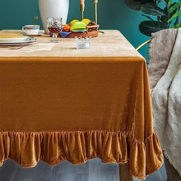 GLORY SEASON Velvet Tablecloth Luxurious Solid Rectangle Table Cloth,Oblong Retro Farmhouse Ruffle T...