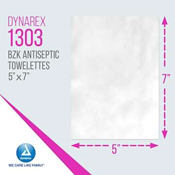 Dynarex BZK Antiseptic Towelettes, Moist Sanitizing Towelettes Designed to Prevent Infection in Minor Wounds, 5x7, Disposable & Individually Wrapped, 1 Box of 100 (Packaging May Vary)