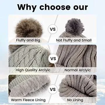 Arctic Paw Winter Hats for Women Beanies Women Hat Fleece Lined Double Pom Pom Winter Beanie Hat Light Grey