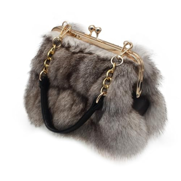 Luxurious Fashion Natural Fox Fur with Hair Handbag for Women and Ladies (White, Small) (Gray)