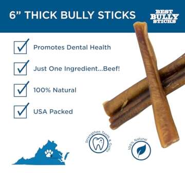 Best Bully Sticks 6 Inch Thick Bully Sticks - 18 Count (Pack of 1) - All Natural, Grass-Fed, Single Ingredient, Grain and Rawhide Free, Ideal for Big Breeds