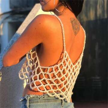 Women Sexy Pearls Beaded Cami Top Pearl Crop Top Spaghetti Strap Bra Cover up Top Tank Top Party Streetwear (One Size, Style-A)