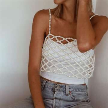 Women Sexy Pearls Beaded Cami Top Pearl Crop Top Spaghetti Strap Bra Cover up Top Tank Top Party Streetwear (One Size, Style-A)
