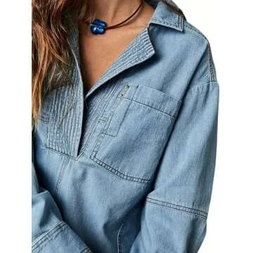 yoeasy Women's Denim Pullover Oversized V Neck Jean Shirt Loose Fit Long Sleeve Denim Jacket with Po...
