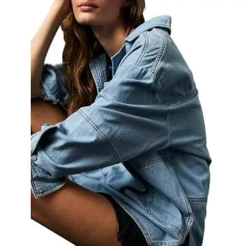 yoeasy Women's Denim Pullover Oversized V Neck Jean Shirt Loose Fit Long Sleeve Denim Jacket with Pocket (Small, Blue)