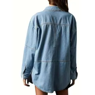 yoeasy Women's Denim Pullover Oversized V Neck Jean Shirt Loose Fit Long Sleeve Denim Jacket with Pocket (Small, Blue)
