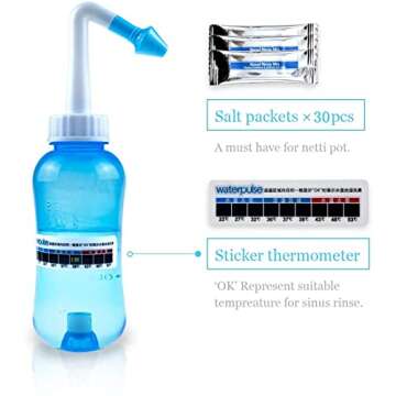 Waterpulse Neti Pot Sinus Rinsing,Nasal Wash Bottle Sinus Rinsing Bottle Cleaner Pressure Irrigation Neti-Pot with Sticker Thermometer for Adult & Kid (300ml with 30 Nasal Wash Salt Packets,Blue)