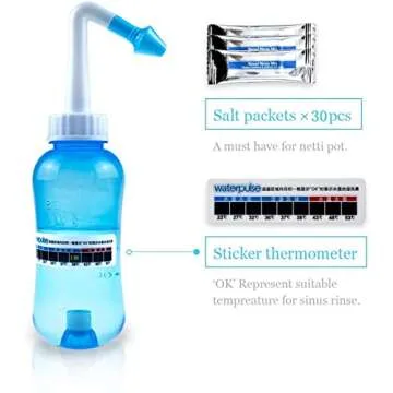 Waterpulse Neti Pot Sinus Rinsing,Nasal Wash Bottle Sinus Rinsing Bottle Cleaner Pressure Irrigation Neti-Pot with Sticker Thermometer for Adult & Kid (300ml with 30 Nasal Wash Salt Packets,Blue)