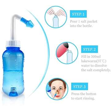 Waterpulse Neti Pot Sinus Rinsing,Nasal Wash Bottle Sinus Rinsing Bottle Cleaner Pressure Irrigation Neti-Pot with Sticker Thermometer for Adult & Kid (300ml with 30 Nasal Wash Salt Packets,Blue)