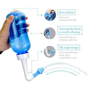Waterpulse Neti Pot Sinus Rinsing,Nasal Wash Bottle Sinus Rinsing Bottle Cleaner Pressure Irrigation Neti-Pot with Sticker Thermometer for Adult & Kid (300ml with 30 Nasal Wash Salt Packets,Blue)