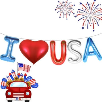 I Love USA Red White and Blue Balloons, 16 Inch 4th of July Decorations with Red Heart Alluminum Bal...