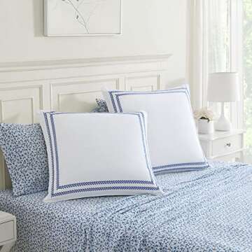 Laura Ashley Cotton 2 Piece Pillow Sham Set, Farmhouse Home Décor, Euro, Stitched Vine Blue