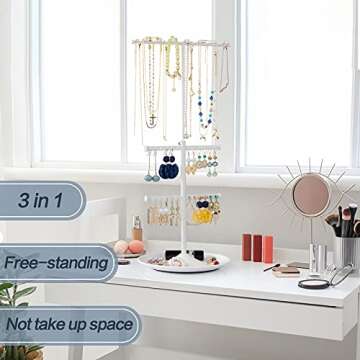 Ekero Jewelry Organizer Stand Necklace Organizer Adjustable Height Jewelry Holder Large Capacity Necklace Earring Holder Ring Bracelet Display 3-in-1 Matte White