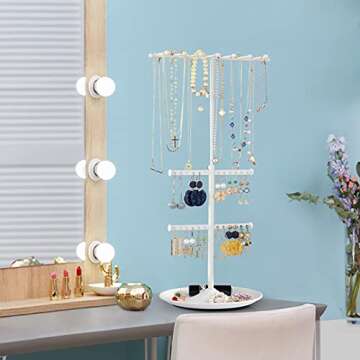 Ekero Jewelry Organizer Stand Necklace Organizer Adjustable Height Jewelry Holder Large Capacity Necklace Earring Holder Ring Bracelet Display 3-in-1 Matte White