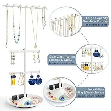 Ekero Jewelry Organizer Stand Necklace Organizer Adjustable Height Jewelry Holder Large Capacity Necklace Earring Holder Ring Bracelet Display 3-in-1 Matte White