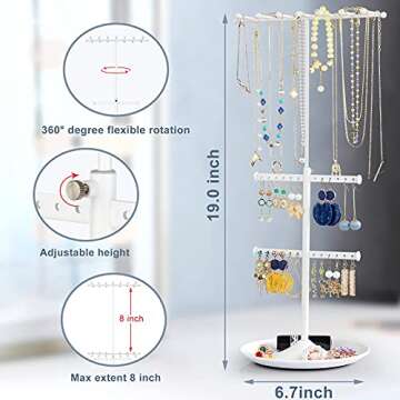 Ekero Jewelry Organizer Stand Necklace Organizer Adjustable Height Jewelry Holder Large Capacity Necklace Earring Holder Ring Bracelet Display 3-in-1 Matte White
