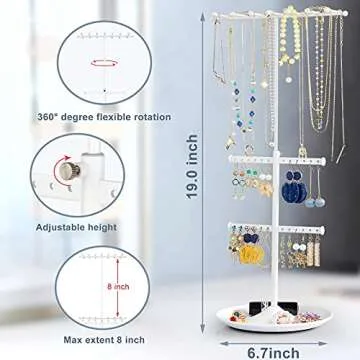 Ekero Jewelry Organizer Stand Necklace Organizer Adjustable Height Jewelry Holder Large Capacity Necklace Earring Holder Ring Bracelet Display 3-in-1 Matte White
